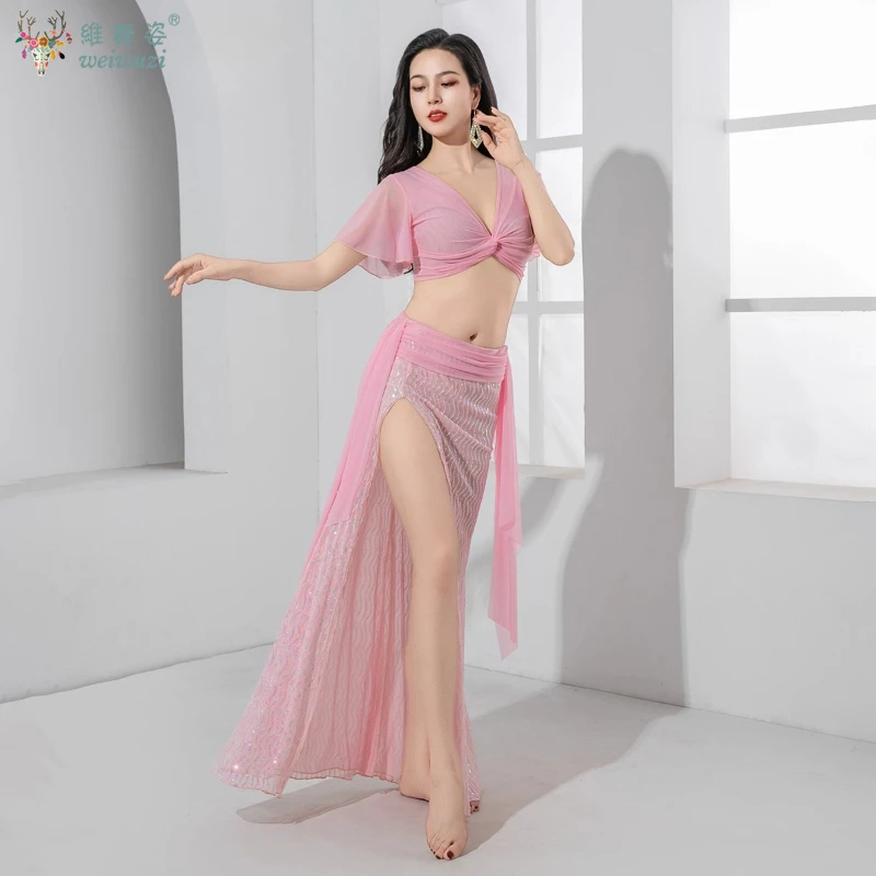 BellyDance Performance Costume for Women's Sexy V-neck Top+Sequins Long Skirt 2pcs Adult Oriental Belly Dancing Practice Clothes
