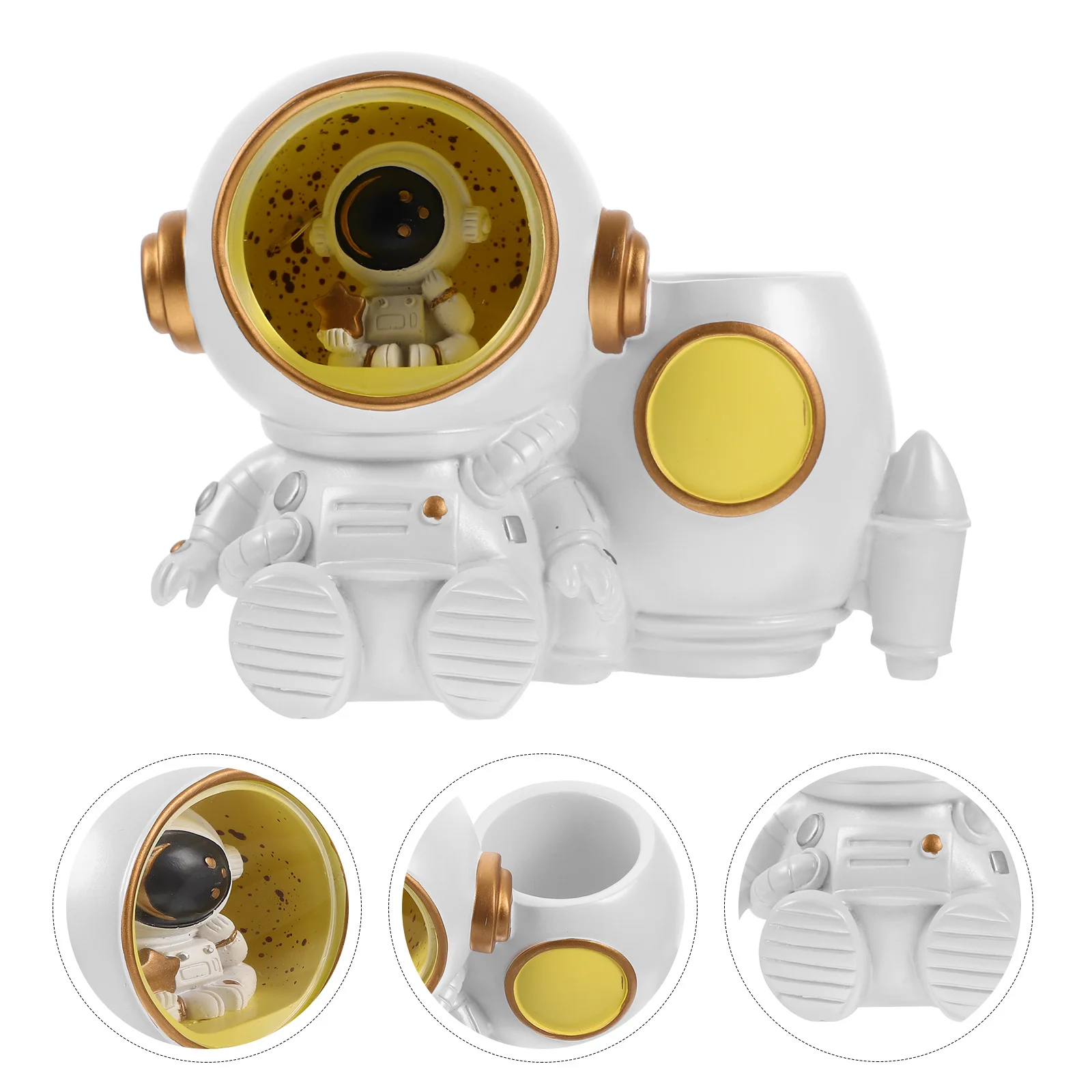 LED Astronaut Pen Holder Resin Lighted Cartoon Space Desktop Stationery Organizer Multifunction Pencil Cup Holder for Office