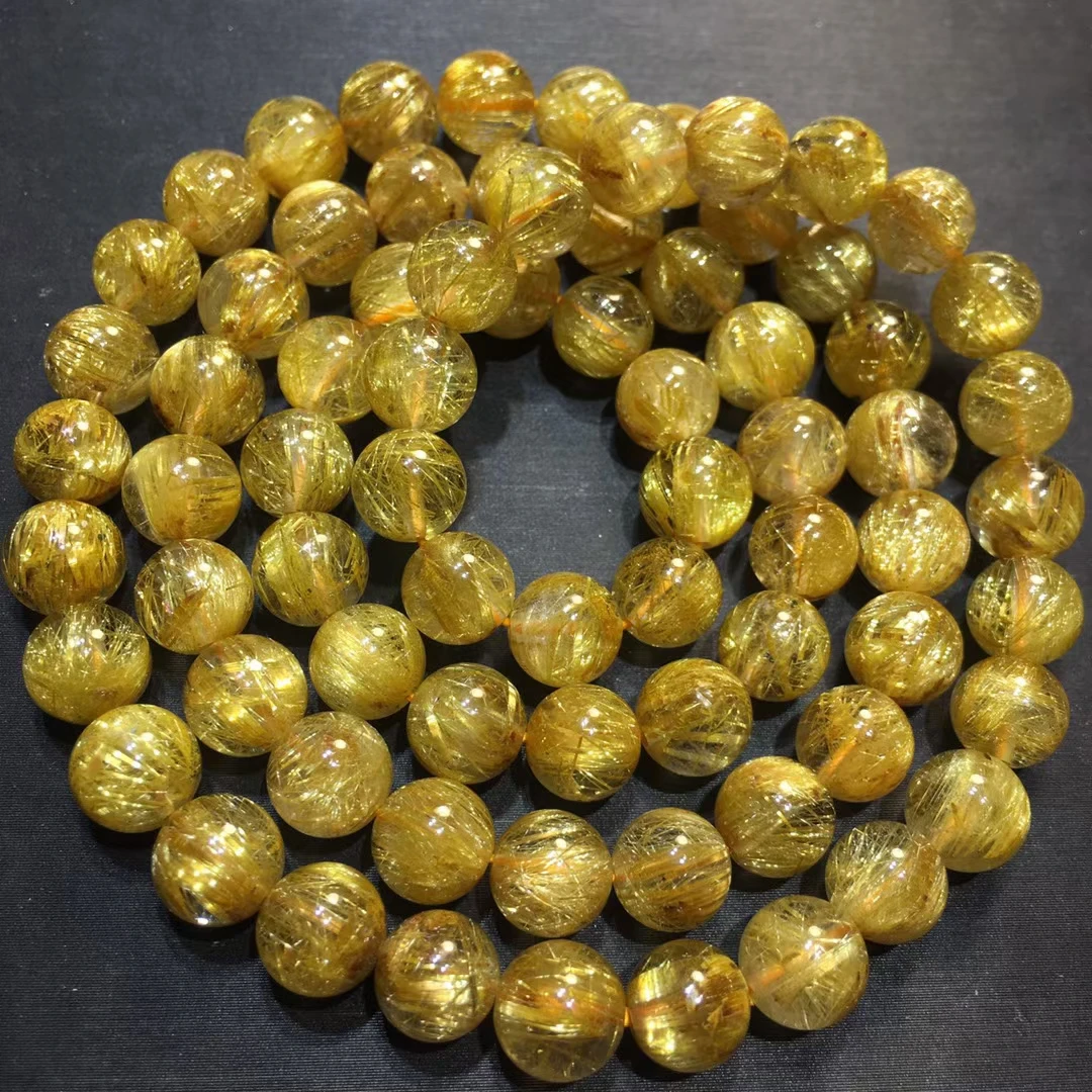 

Natural Gold Rutilated Quartz 3 Laps Clear Round Beads Bracelet 7.5mm Women Men Fashion Big Size Bead Wealthy Stone AAAAAAA