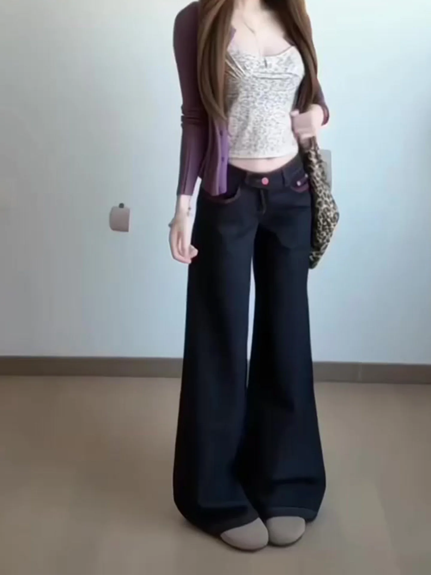 

American Style Low Waist Wide Leg Jeans Women's Original Cow Color Lazy Style Summer New Slim Straight Jeans Pants