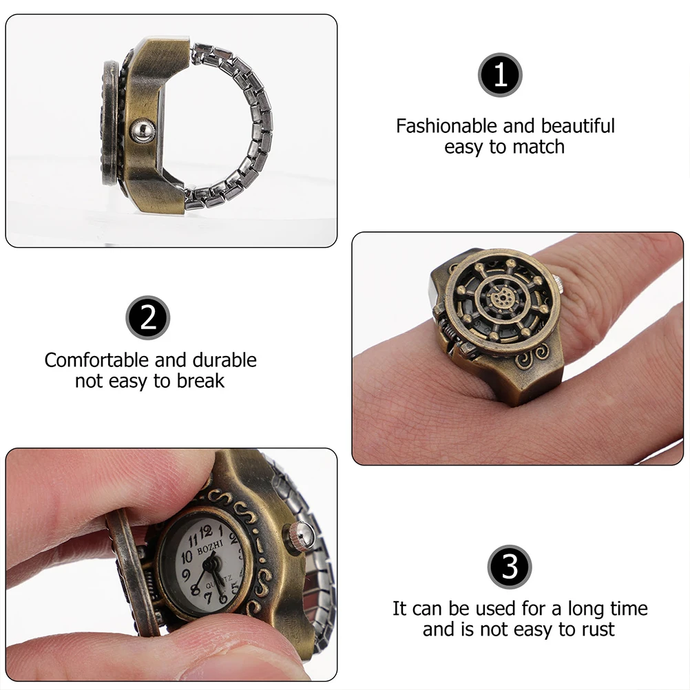 

2Pcs Retro Ship Wheel Ring Watch Elegant Flipping Finger Watch Decorative Jewelry Durable Comfortable Fashion Accessory