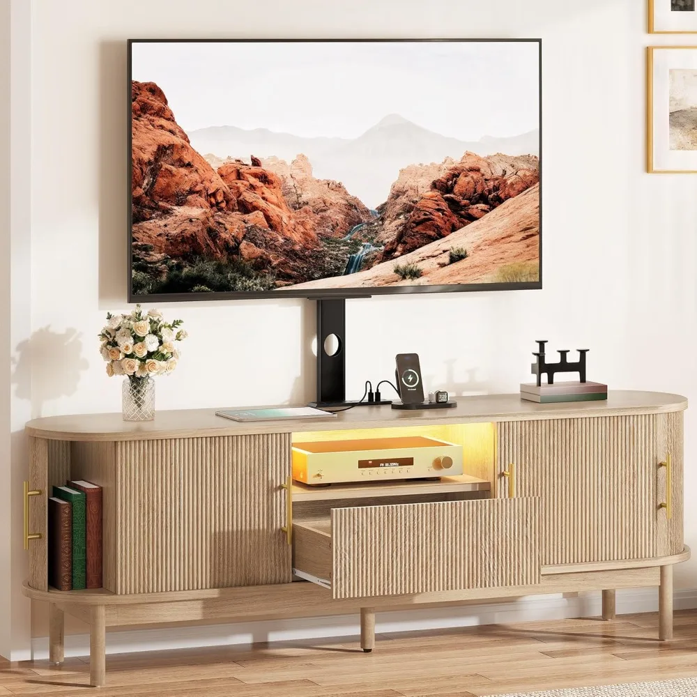 

70 Inch LED Fluted TV Stands with Mount, Center for TVs, Curved TV Stand with Power Outlets & LED Light, Curved Profile Design