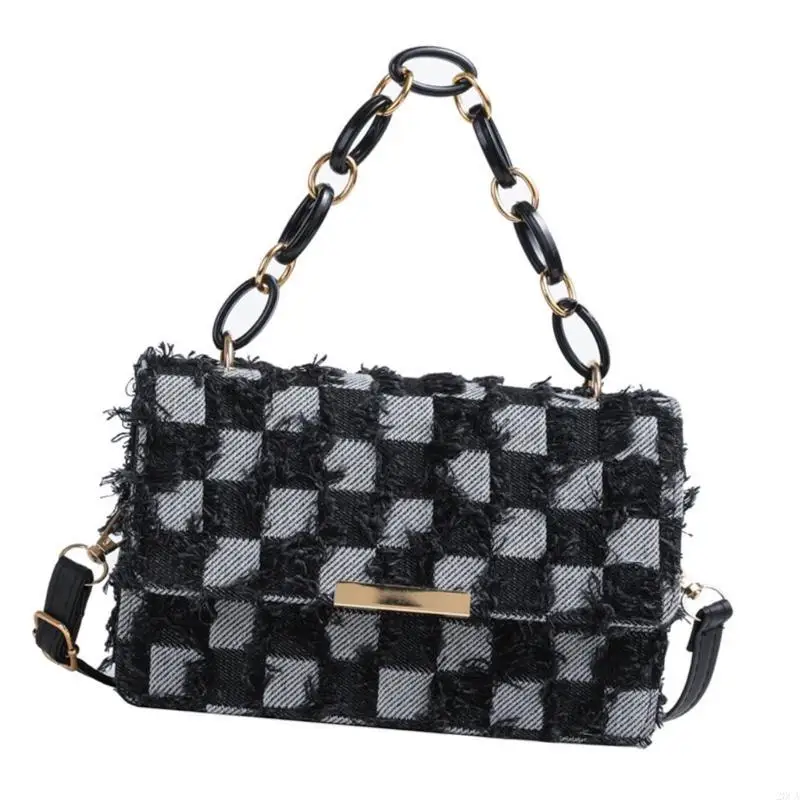 

Fashionable Womens Handbag with Chain Handle Distressed Distressed Tassels Shoulder Bag Checkered Flap Crossbody Purse 20CA