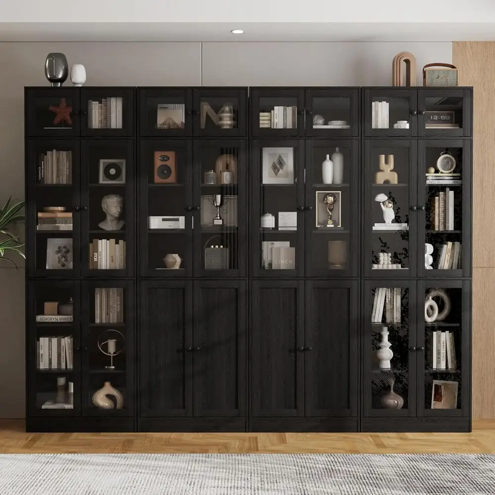 7-Tier Tall Wooden Bookshelf with Glass Doors, Large DIY Display Cabinet for Living Room Storage (Black)