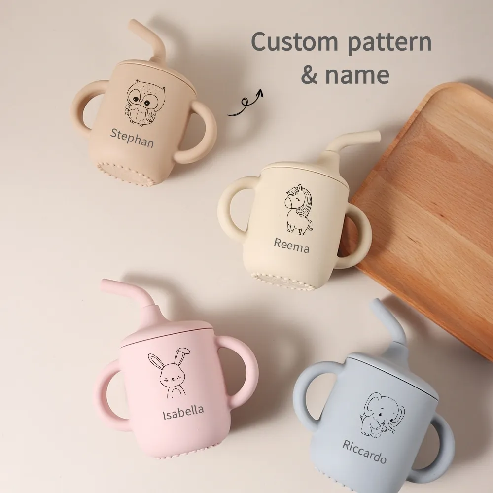 1pc Custom Unicorn Silicone Cup Silicone Baby Water Cup Personalised Pattern and Name Straw Cup