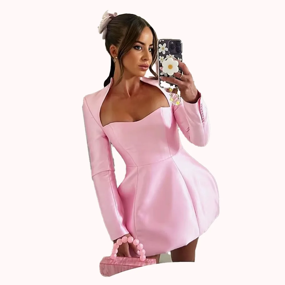 Square Neck Cocktail Dress Mini Length A-line Party Dress Puffy Long Sleeve Simple Prom Dresses Plus Size Casual Gown Customized