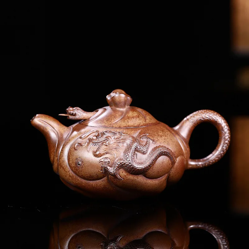Wholesale Handmade Piece Fish-To-Dragon Design Crafted By Gaogong Longyao Using Wood-Fired Golden Clay 350Cc High-End Tea Set