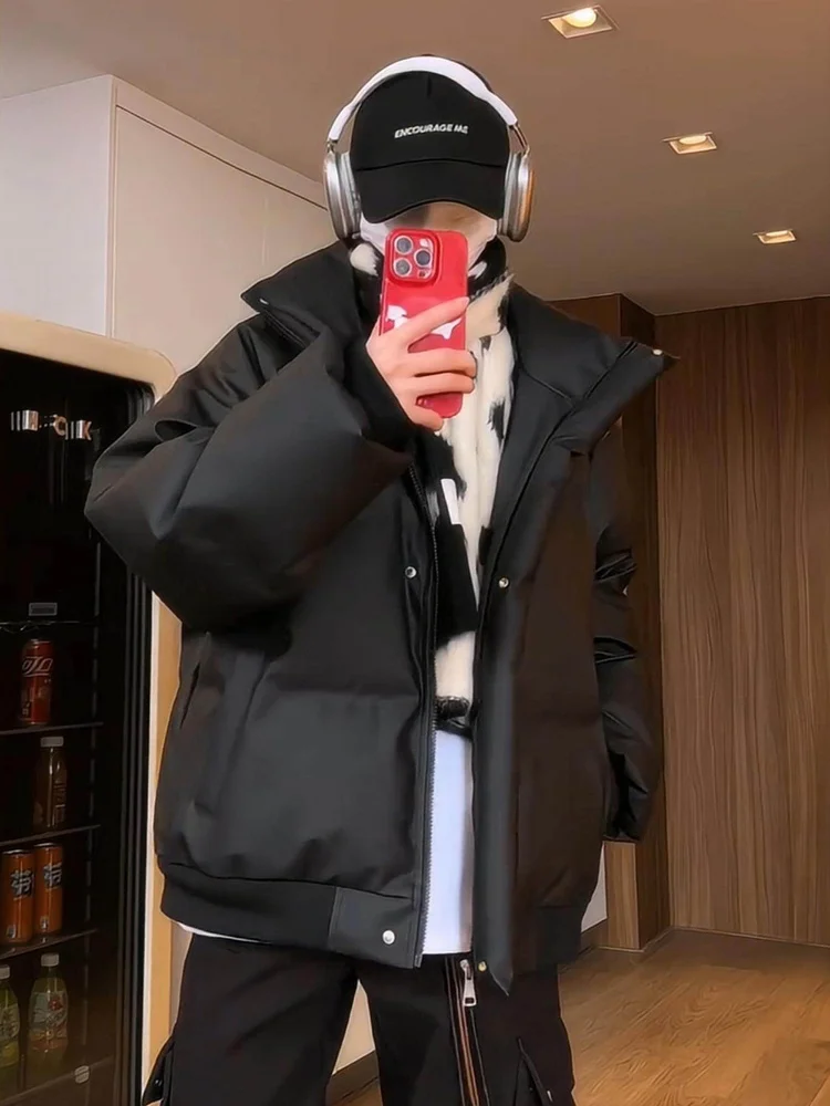

Зимняя утепленная корейская куртка из хлопка с вышивкой и отделкой из искусственной кожи, мужская свободная теплая одежда с воротником-стойкой, модная для пар
