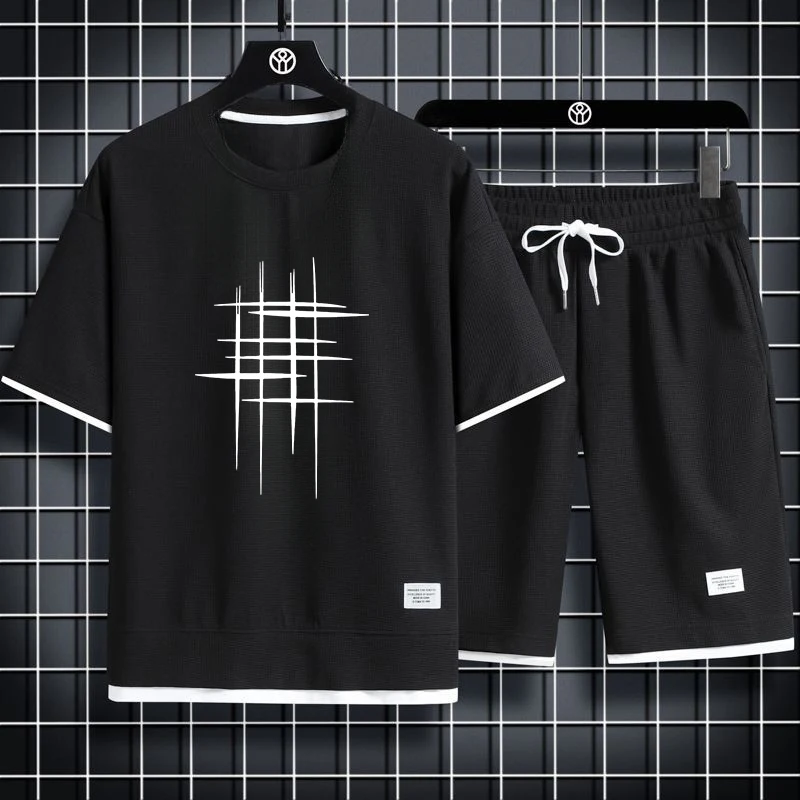 Men\'s sets 2024 new Waffle Summer Casual Tshirt + Shorts Suit basketball Tracksuit Letter print Solid color tracksuit loose suit