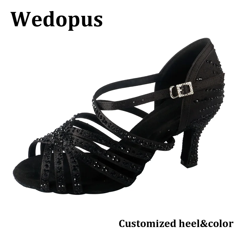 

Wedopus Black Girls' Latin Dance Shoes Heels Indoor Suede Sole Sparking Crystals Ladies Dance Salsa Sandals Mid Heels 7.5CM