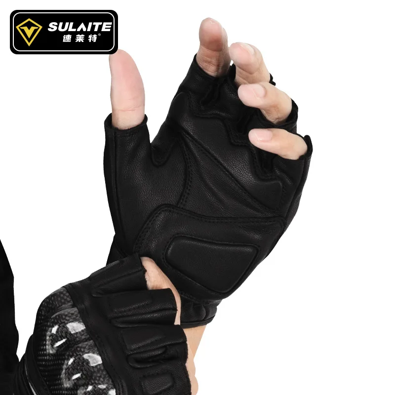 SULAITE Summer Breathable Half Finger Rider Sheepskin Carbon Fiber Racing Protective Gloves Motorcycle Gloves motocross gloves view 4