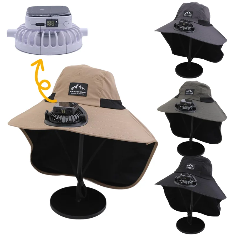 Adjustable Sun Hat With Built In Rechargeable Fan Neck Flap Full Face UV Protection Cooling Bucket Hat For Outdoor Labor