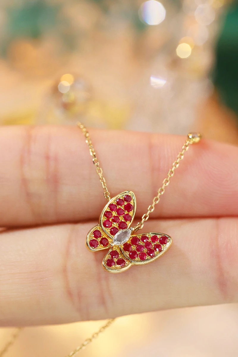 KUGG 100% 18K Yellow Gold Necklace Elegant Butterfly Shape Shiny Diamond Natural Ruby Necklace for Women High Engagement Jewelry