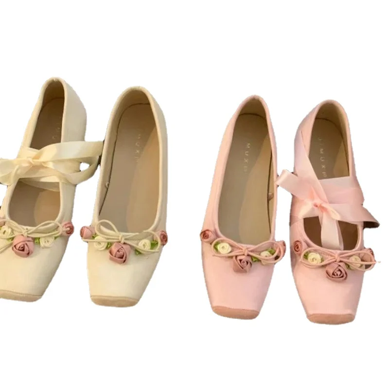 NEW Classic Silk Ballet Shoes Lace Up Ballet Shoes Women Square Toe Bowtie and Rose Flower Women Flats Elegant Valentine Shoes