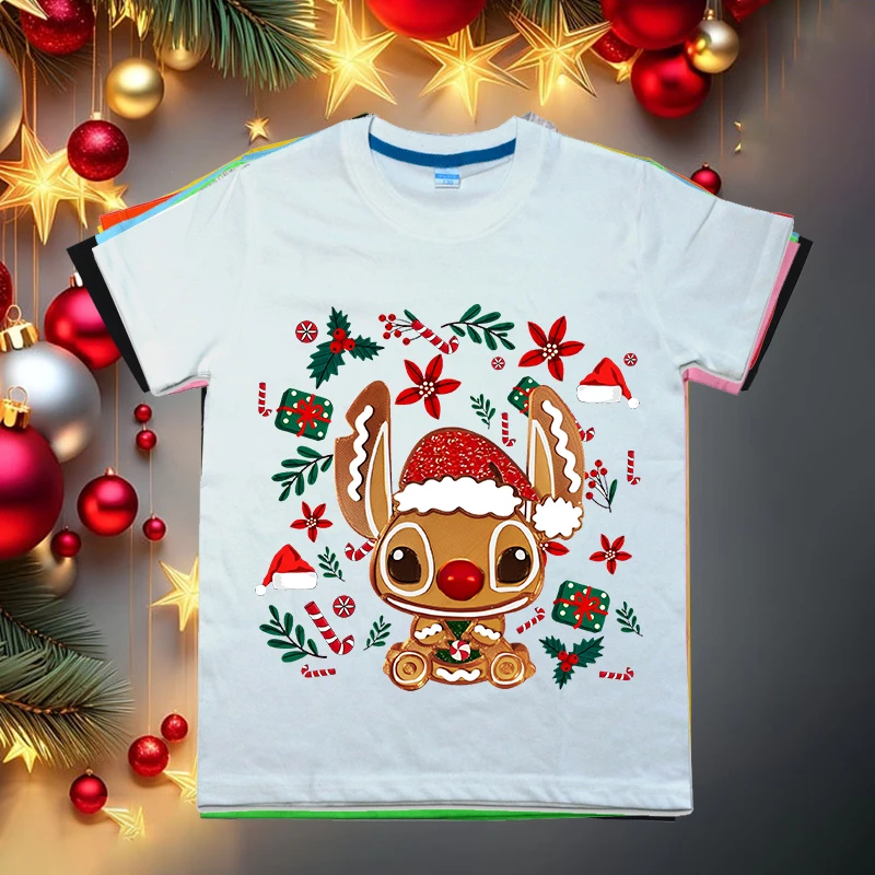 Gingerbread Christmas Stitch kinds T-shirt pure cotton short-sleeved holiday gift for boys and girls