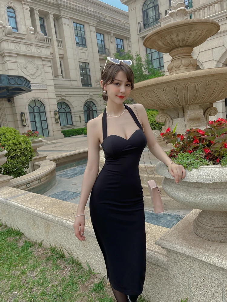 

Summer Black Halter Dress Sleeveless Backless Hip Wrapping High Waist Fork Midi Suspender Rockabilly Pinup Vintage Le Palais