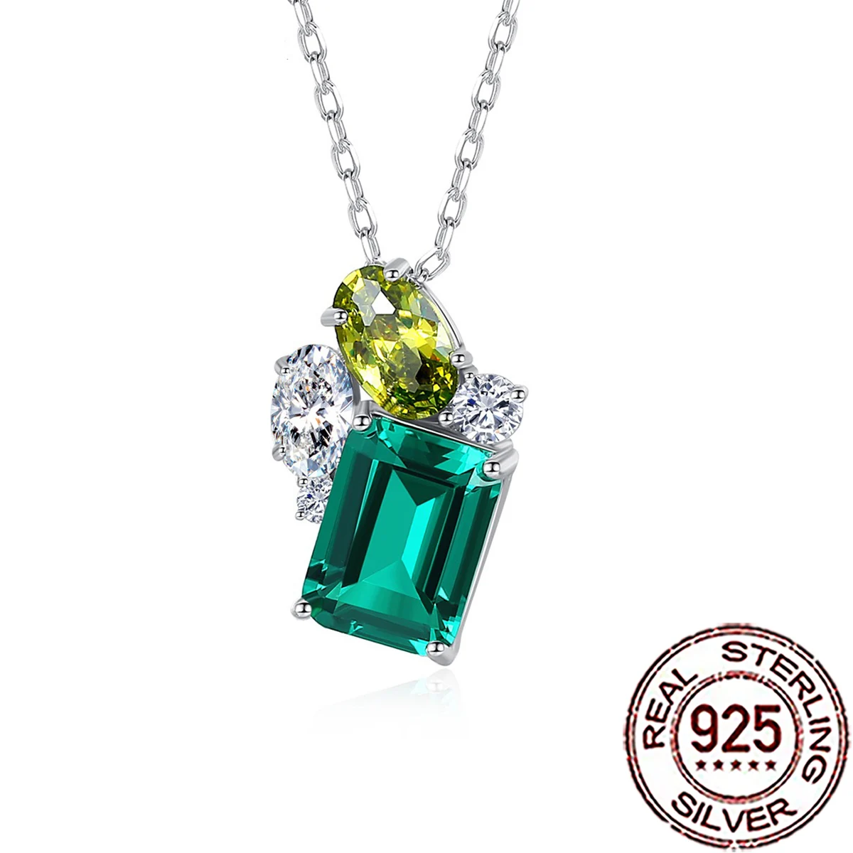 QooLady 925 Sterling Silver Geometric Shiny Green Cubic Zirconia Pendant Necklace for Women Party Anniversary Jewelry Gift SD062