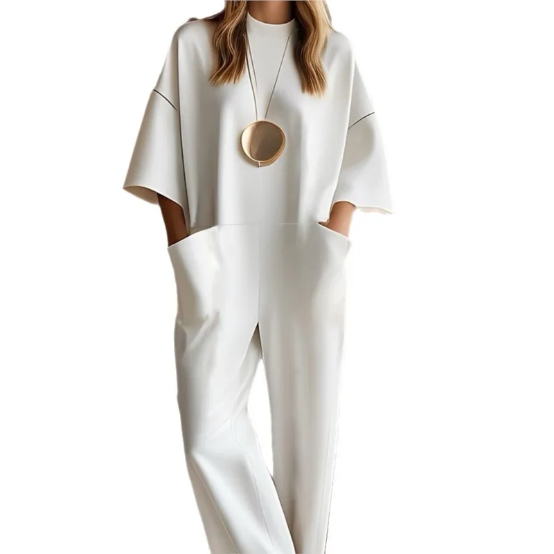 2026 Women Loose Jumpsuit Pockets Round Neck Straight Pant Minimalist White Streetwear Office Lady Rompers One Piece Sets