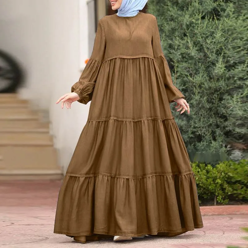 Vestido Abaya Babados Feminino, Vestido Ramadan de Domingo, Solto, Gola Redonda, Manga Comprida, Casual, Feminino