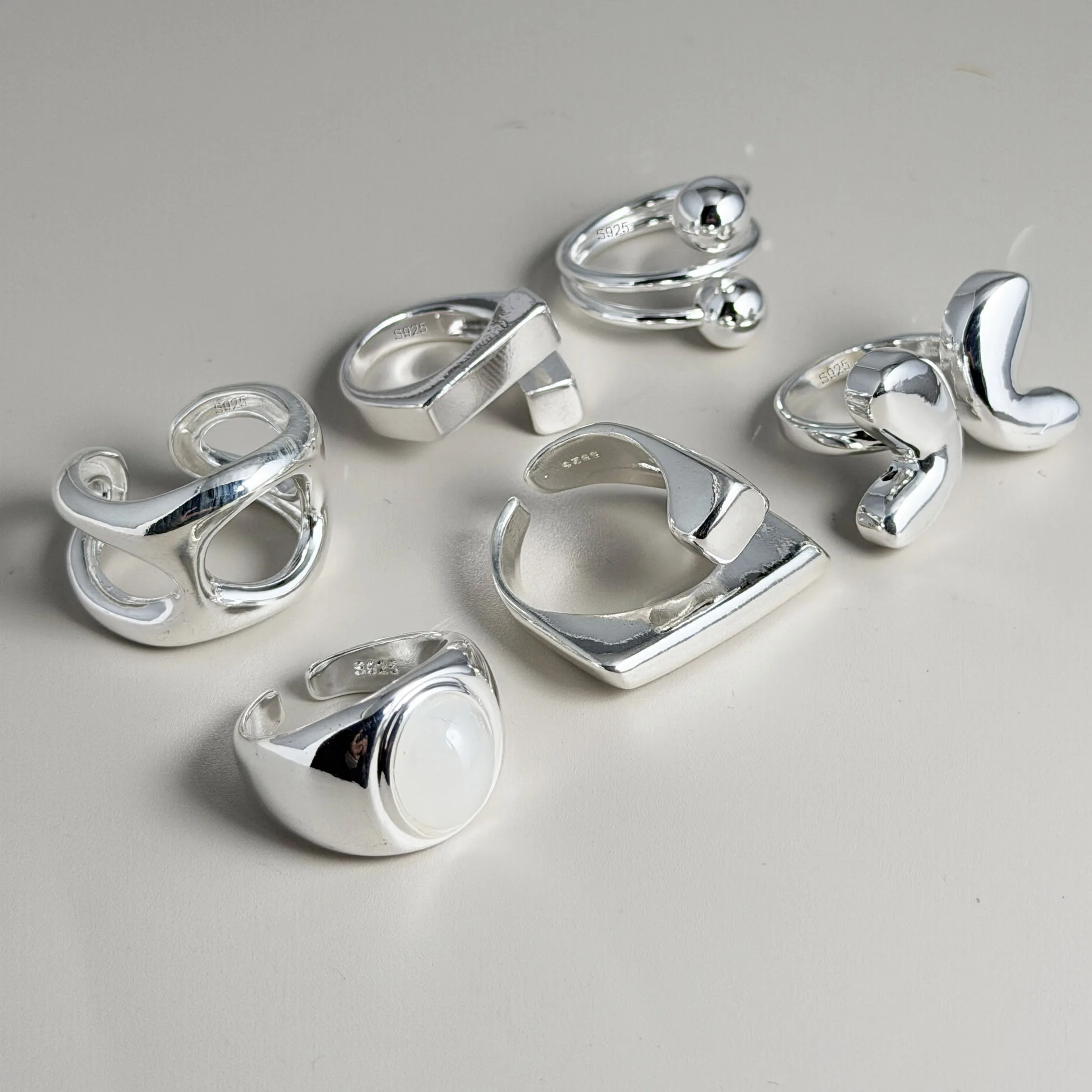 925 Sterling Silver Rings For Women Geometric Fine Jewelry Finger Adjustable Wide Stone Ring For Party Birthday Gift