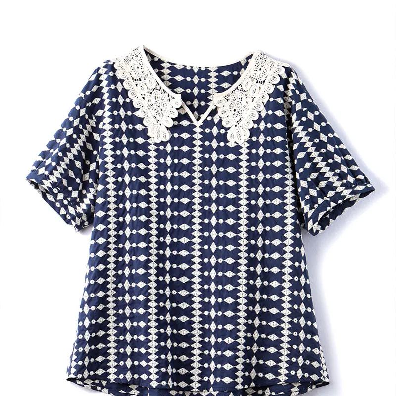 Elegant Fashion Harajuku Slim Fit Female Clothes Loose Casual All Match Shirt Printed Patchwork Doll Collar Short Sleeve Blusa