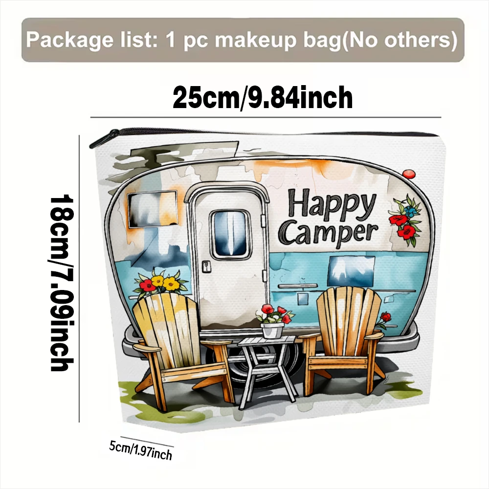 Happy Camper Trailer Scene Makeup Bags for Girls Cosmetic Pouch Toiletry Bag Pencil Case Travel Storage