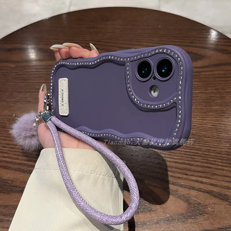 

Applicable Apple 16 Phone Case iPhone 16promax Diamond Bezel Wave Silicone Dark Purple Cowboy Rope 15pro Light Luxury 13
