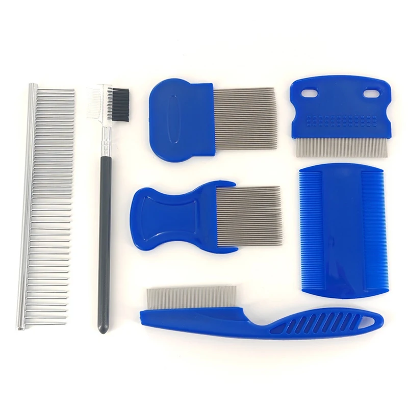 7Pcs Pet Grooming Comb Kit for Dogs & Cats Double Sided Professional Grooming Tools with Rounded Teeth for Tear Stain Removal
