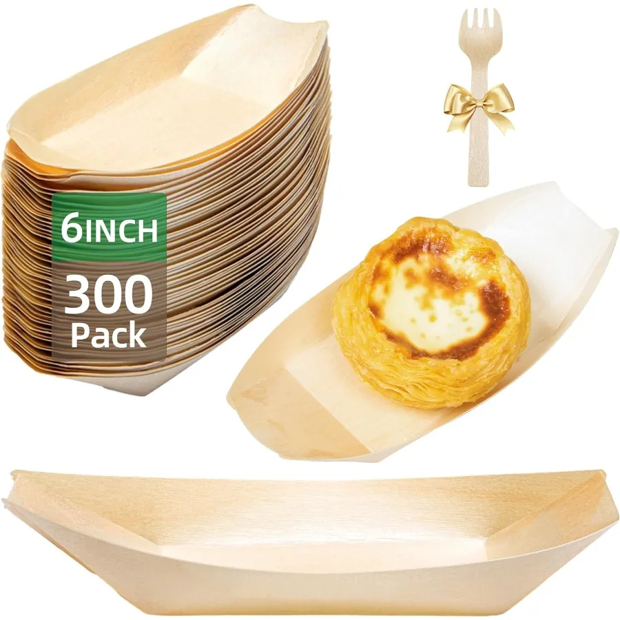 

300Pack Wooden Disposable Plates 6 IN Boat Plates Food Trays Disposable Dessert Plates Disposable Food Boats for Party Weddings