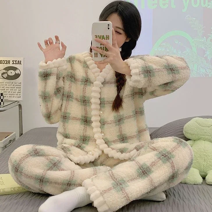 New Soft Coral Velvet Pajama Women Fall Winter Thick Sleepwear Flannel Homewear Winter Plaid Set Nightgown Suit Korean Underwear