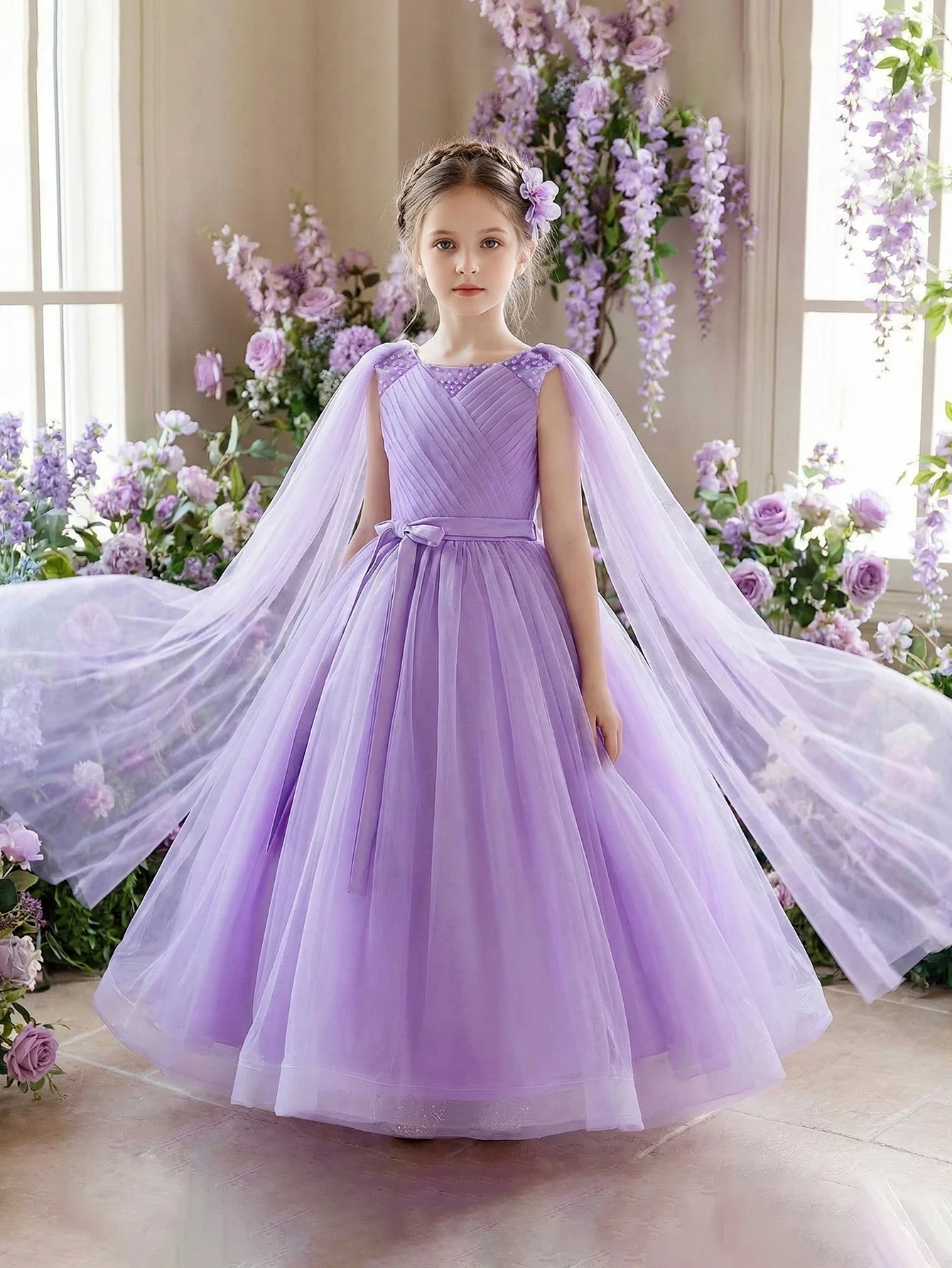Girls Purple Princess Dress Tulle Cape Pleated Bodice Bow Waist Long Gown Flower Girl Wedding Birthday Party Pageant Formal Wear