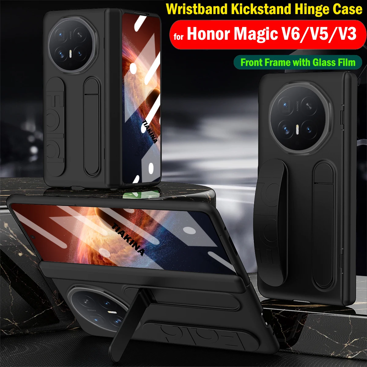 

Capa for Honor Magic V6 Hinge Case Soft Silicone Wristband Strap Stand Funda for Honor Magic V6 V5 V3 Case Front Frame with Film