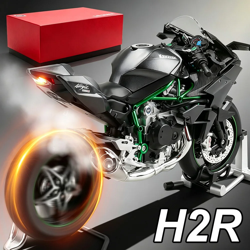 1:9 Kawasaki Ninja H2R Alloy Motorcycle Diecast Model Toys Car Front Wheel Steering Sound Light Spray Function Boyfriend's Gifts