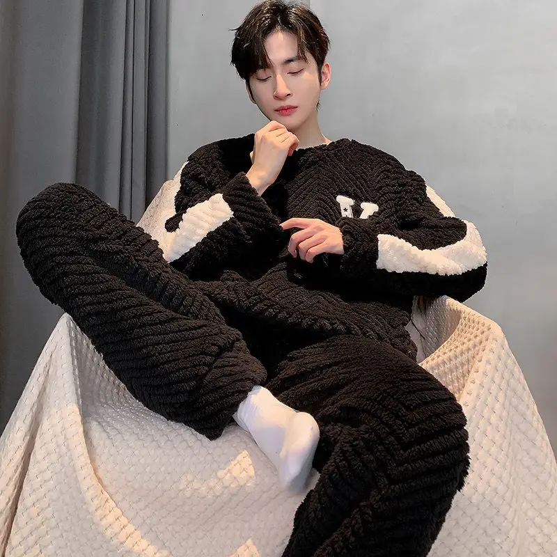 Letter Pajamas for Men Fleece Winter Sleepwear Korean Sleeping Night Wear O-neck Pijama 2 Pcs Pants Sets Warm Home Suit 2024 New