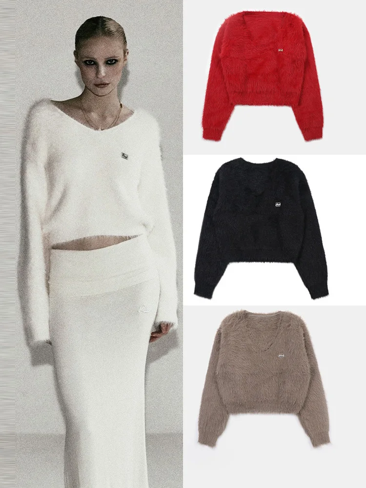 

American Style Long Sleeve Knitted Sweater Casual V Neck Short Soft Autumn Winter Mare's Wool Comfortable Warm Color