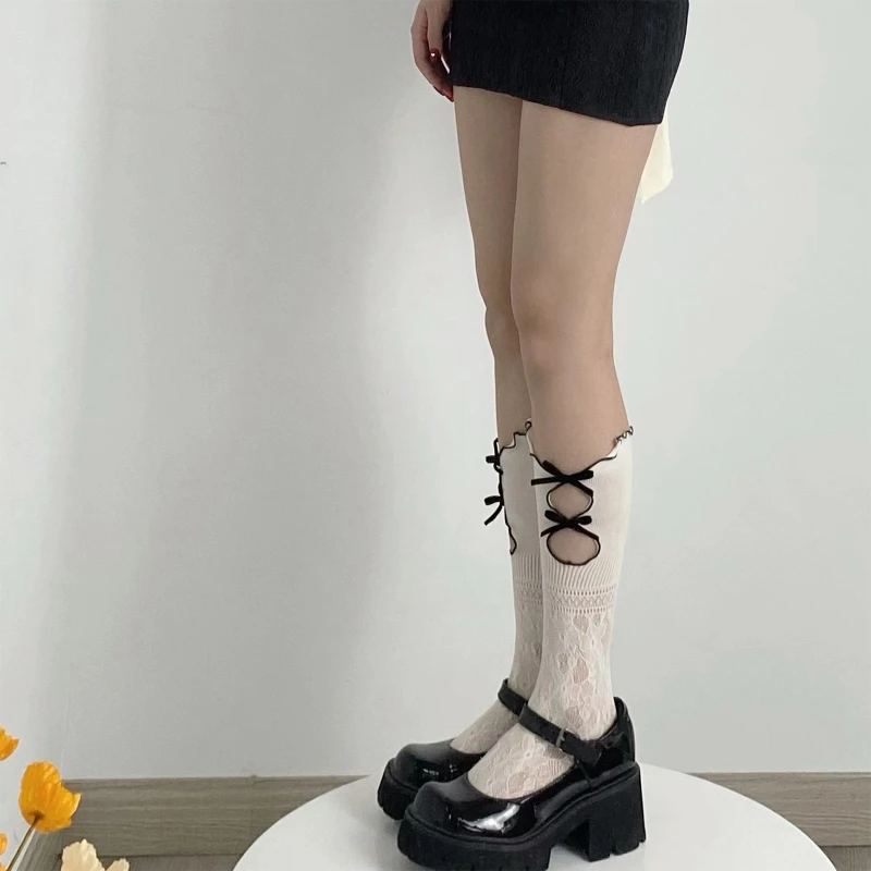 Women Sweet Double Layer Hollow Floral Lace Calf Stockings Lolita Side Holes Bowknot Irregular Ruffle Trim Fishnet M6CD