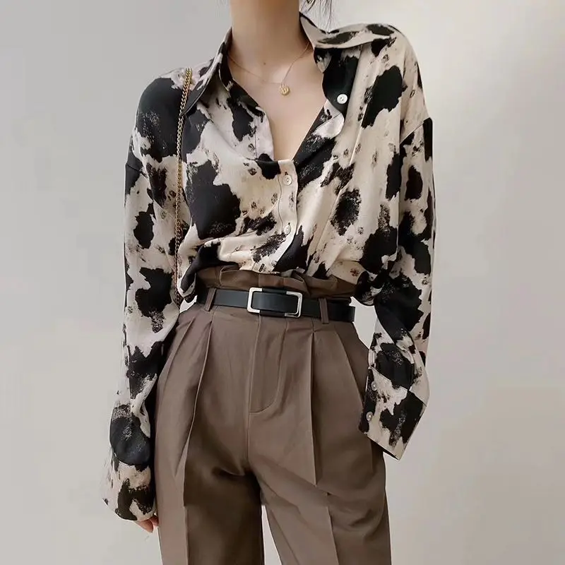 Women\'s Clothing Fat Mm Shirt Sleeve Shirt Tops Niche Loose Trend Fashion Leopard Print Outerwear Ins Classy Elegant Polo-neck