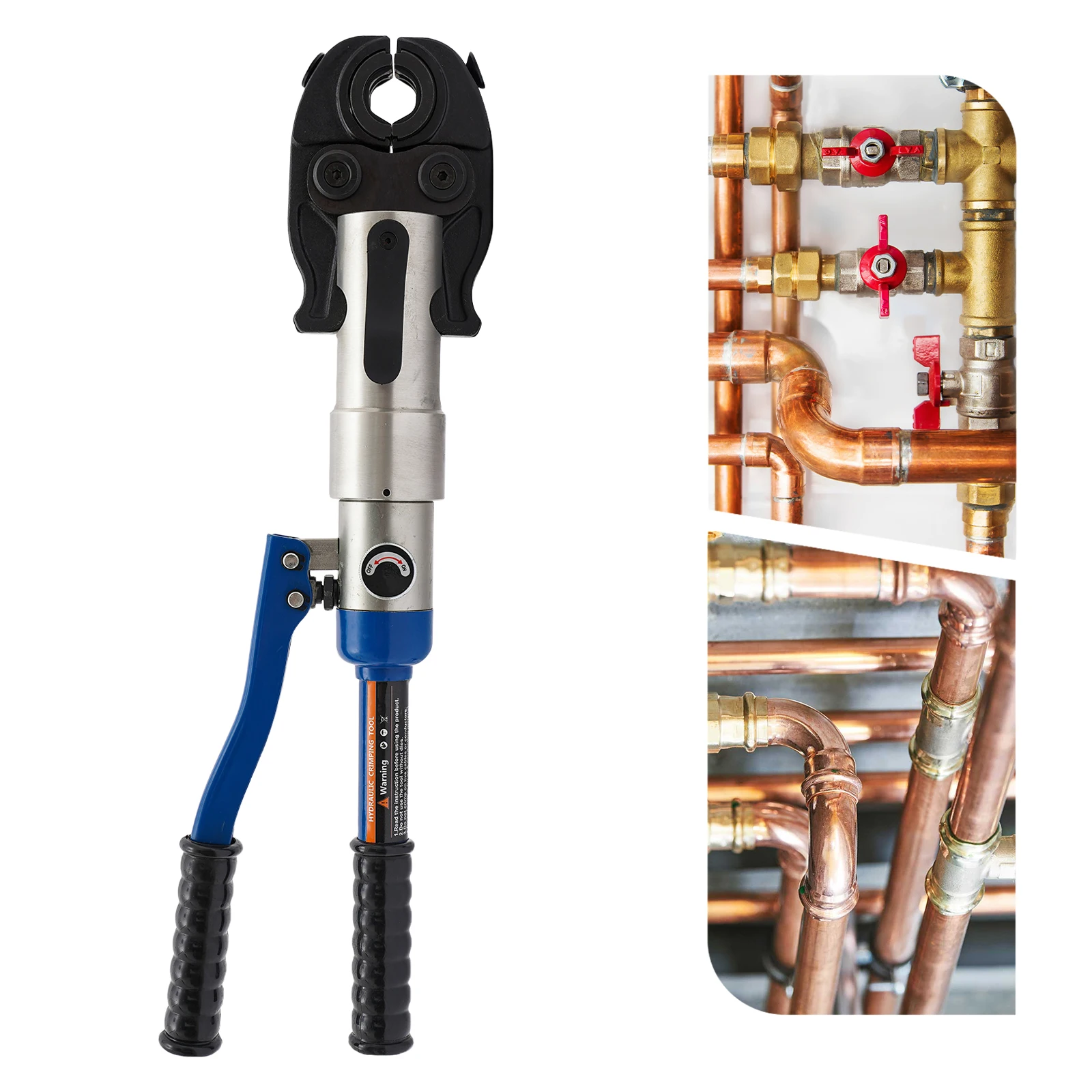

Blue Hydraulic PEX Pipe Crimper Tool Kit | 1/2", 3/4", 1" Dies, Ergonomic Grip, Steel-Aluminum Construction