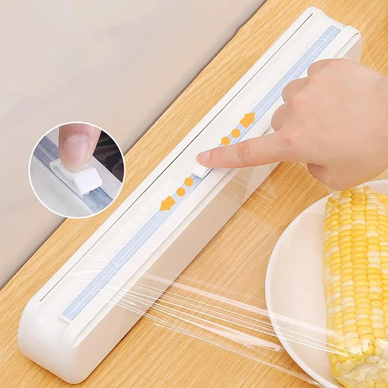 Adsorption Packaging Dispenser with Sliding Cutter Cling Wrap Dispenser with Cutter, Reusable Adsorption Film Dispenser