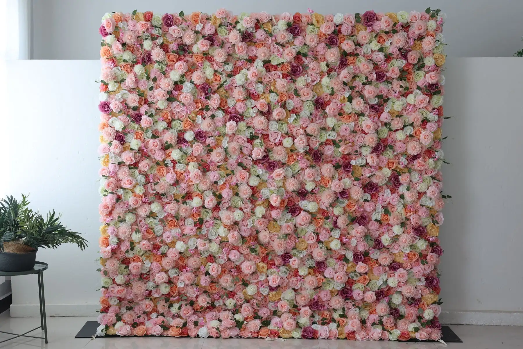 Colorful pink and yellow rose wedding background 3D rose fabric flower wall arrangement party event table running flower row