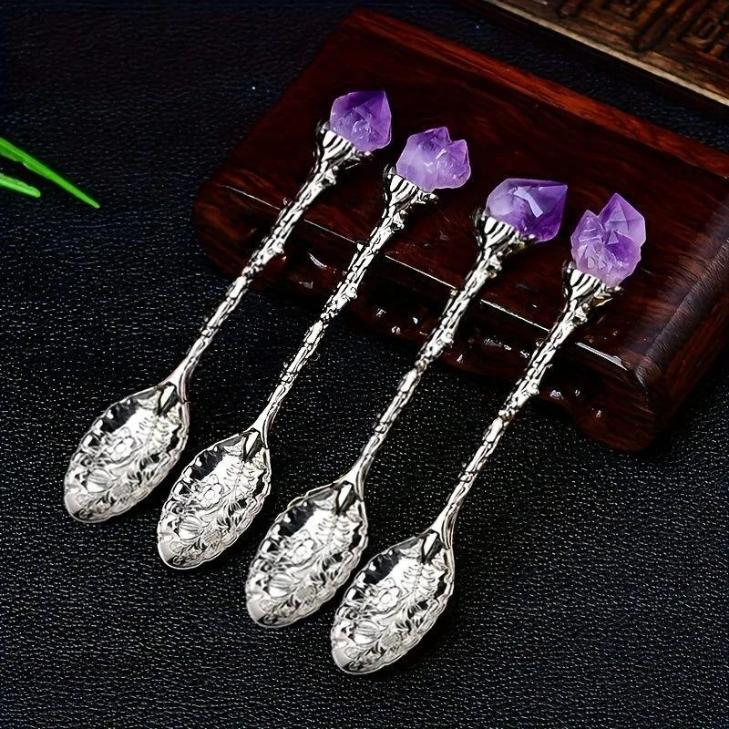 1/2/4/7pcs Natural Amethyst Flower Coffee Spoons Decorative Tea Spoons, Purple Crystal Spoons, Vintage Carved Spoons Dessert Spoon Ice Cream Spoons Hand Polished Raw Stone Crystal, Lucky Home Kit Tea Scoop Kitchenware, Bohemian, SummerWins, DealsForYouDay
