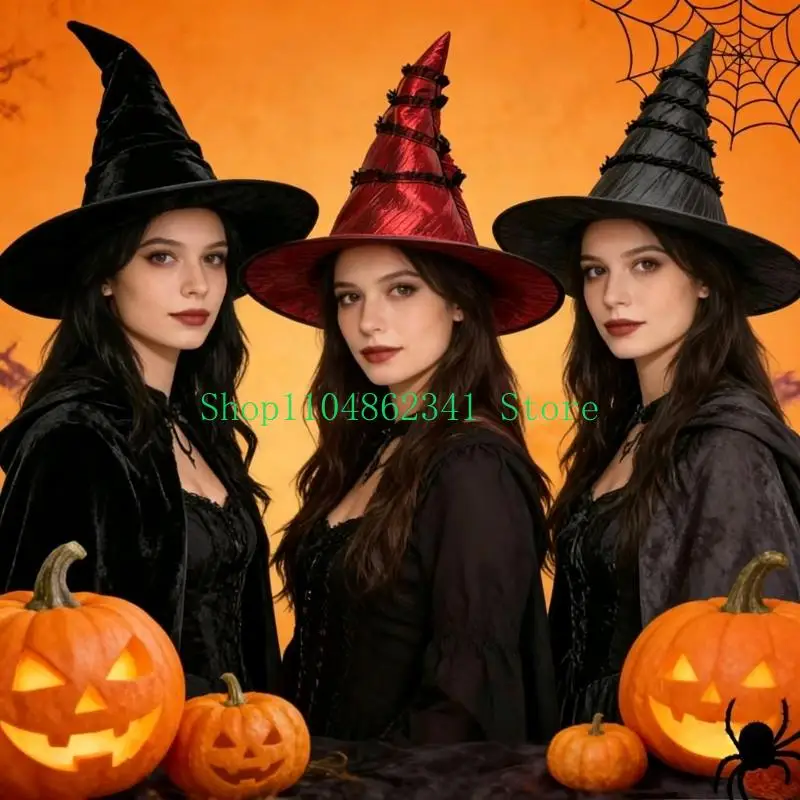 652F Witch Hat with Pointed Design, Wide Brims Halloween Wizard Cosplay Headwear for Costume Party DressingUp, Stage Show