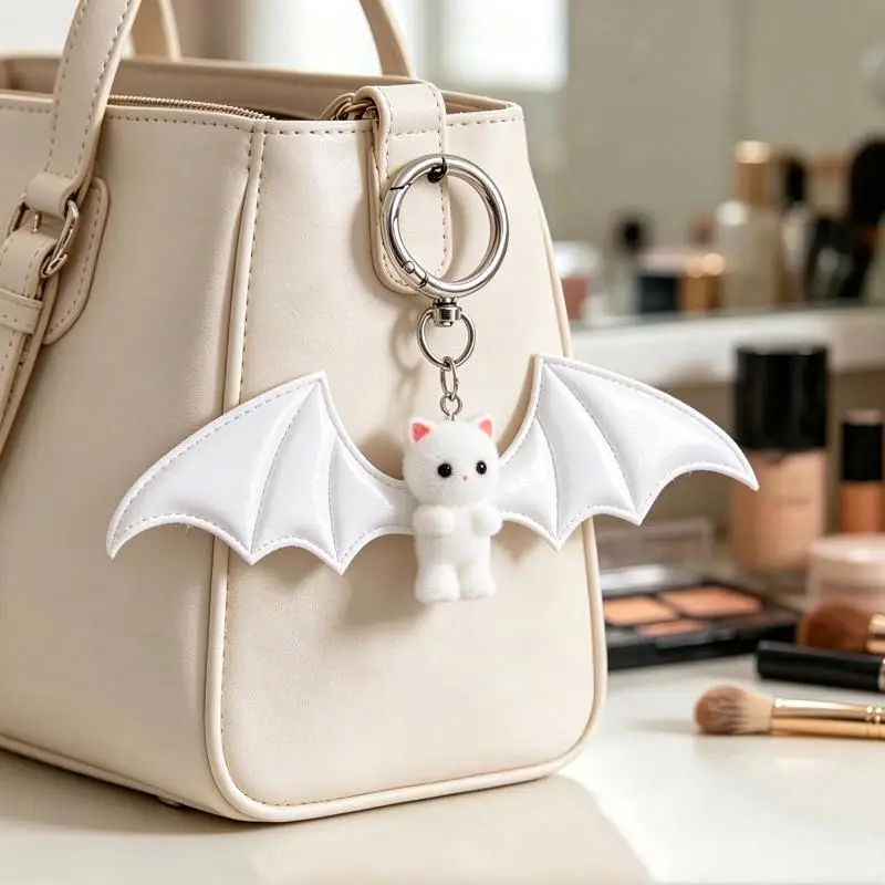 Flocking Angel Wing Cat Keychain Adorable Kitten Charm Pendant 1Pcs Sweet Gift for Women Girls Friendship Memorial Keepsake
