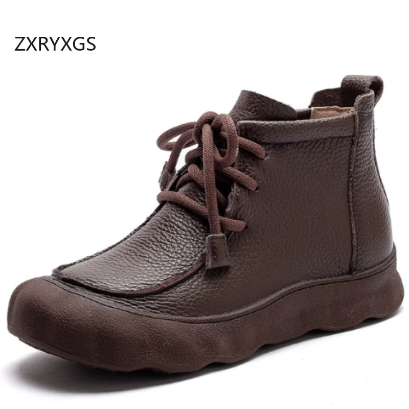 

ZXRYXGS 2026 New Lace-up Premium Full Real Leather Boots Fashion Casual Sneakers Flat Thick Sole Comfortable Women Trendy Boots