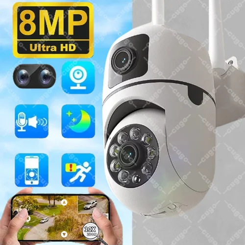 Cámaras PTZ de doble pantalla de 8MP, cámara de vigilancia WIFI, seguimiento inalámbrico Ai, visión nocturna en Color, Zoom Digital 10X, CCTV