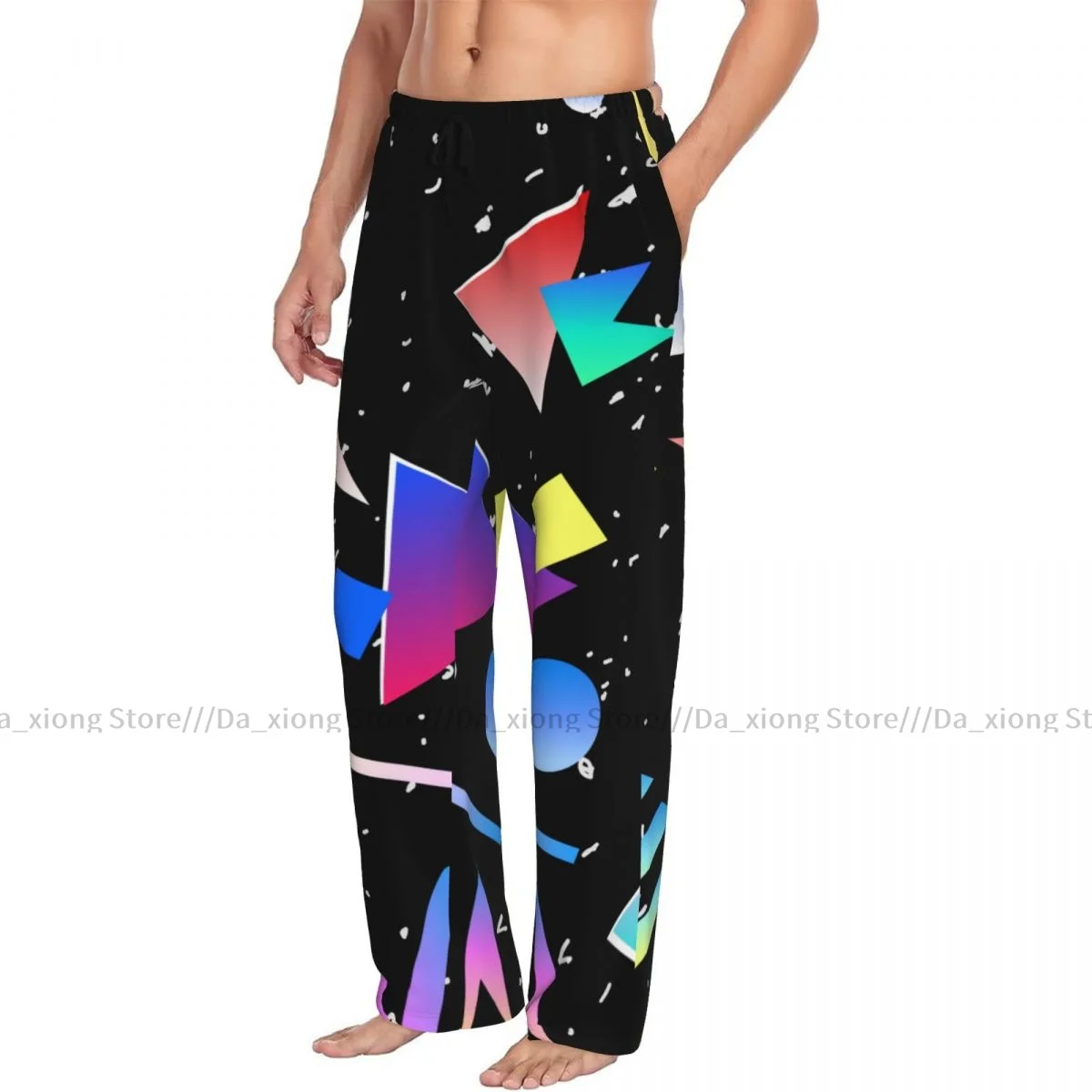 Mens Casual Pajama Long Pant Loose Elastic Waistband Triangular Geometric Colorful Print Cozy Sleepwear Home Lounge Pants