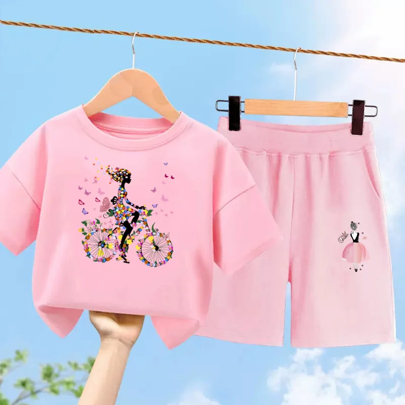 3-14T Summer Short sleeved Clothes Bike Butterfly Girls T-shirt Cotton Shorts Children Costume 2-piece Set