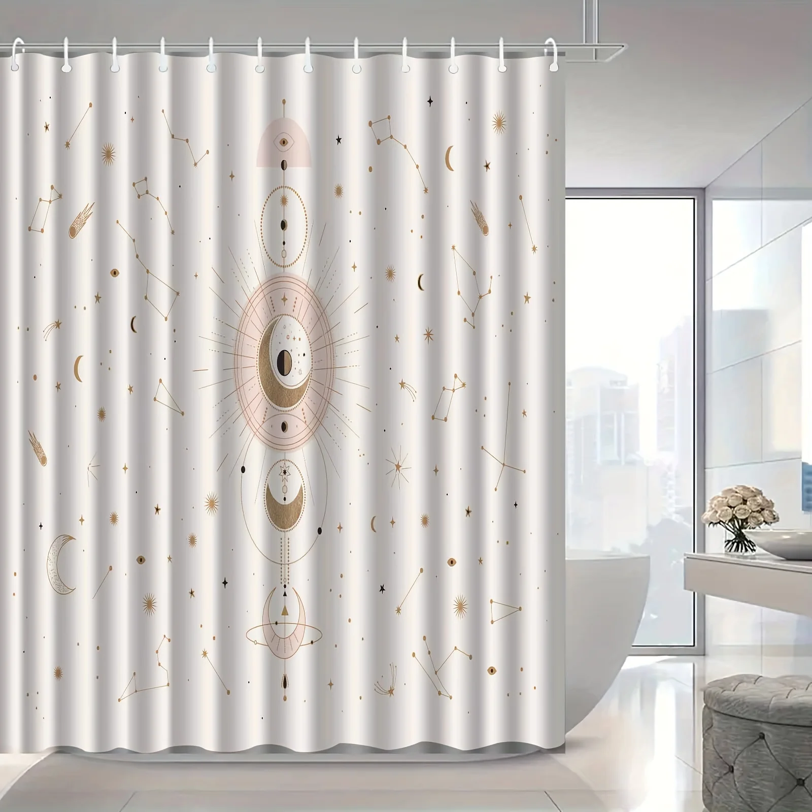 Elegant Astrology-Inspired Shower Drapery with Moon & Sun Design, counter-Fog Bathroom Decor with Hooks Included, Card reading,