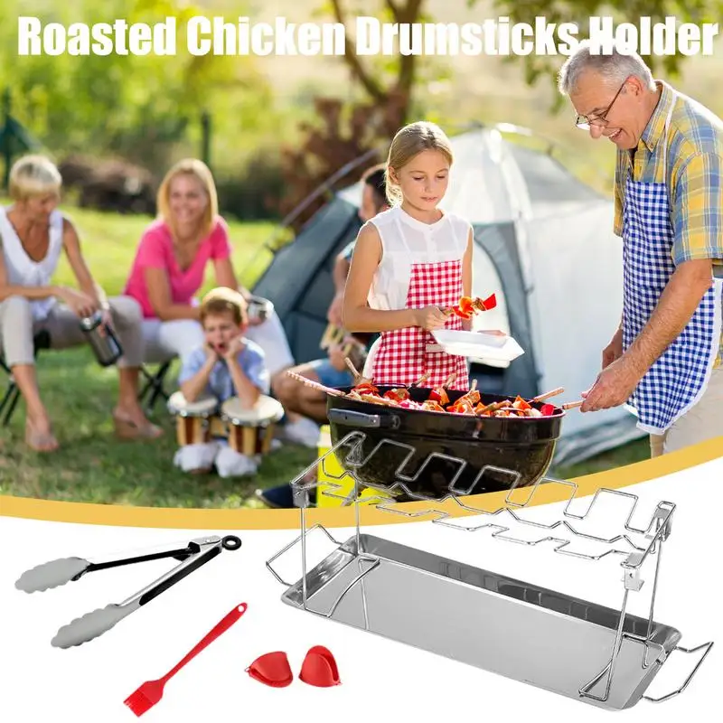 

Chicken Leg Rack With Drip Pan Chicken Leg And Wing Rack 12 Slots Stainless Steel Heat-Resistant Accessories Stand With Drip Pan