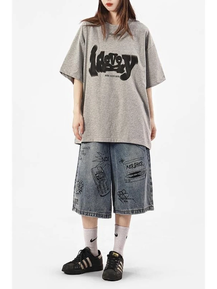 Women Y2k Style Baggy Denim Shorts Wide Leg Short Pants Fashion High Waisted Dark Wash Knee Length Loose Unisex Jeans Casual